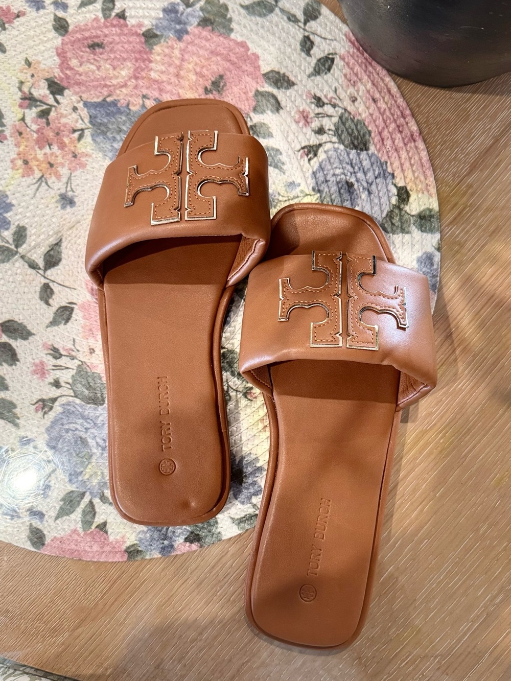 Tory Burch Cognac Leather Logo Slide Sandals - Picture 4 of 6